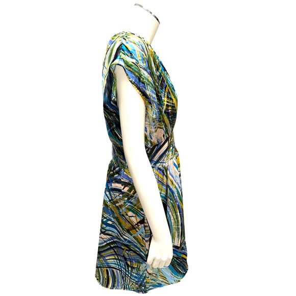 Corey P Size 8 Multicolor Abstract Print Dress V Neck Pleated Waist Modern Chic - Picture 5 of 10